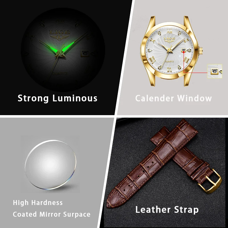 LIGE Business Leather Man Watch Auto Date Luxury Men\'s Quartz Watches Waterproof Luminous Stainless Steel Mens Wristwatches+Box