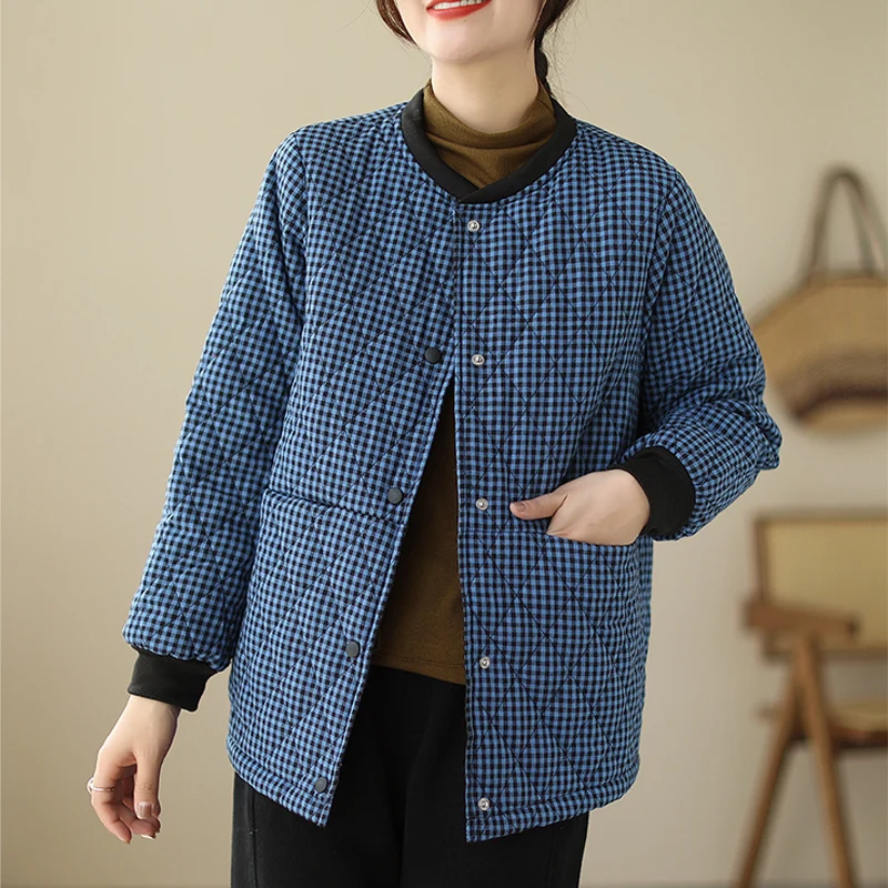 Veste matelassurera patchwork en coton et lin pour femme, manteau d'extérieur à carreaux vintage, col de baseball, niche, automne, hiver, nouveau, 2024