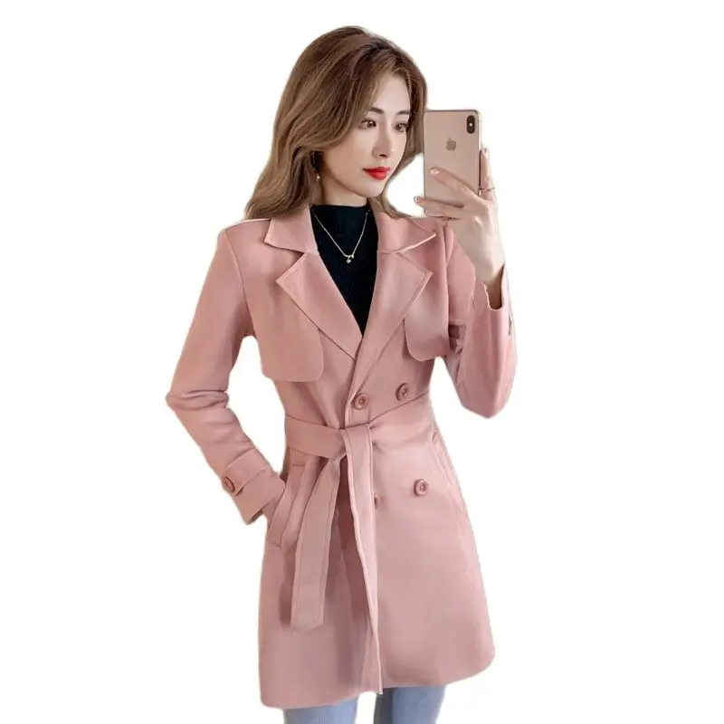 

2023 New Fashion Deerskin Trench Coat Women Long Windbreaker Spring Autumn Belt Slim Outerwear Female Casual Tops Suede Overcoat