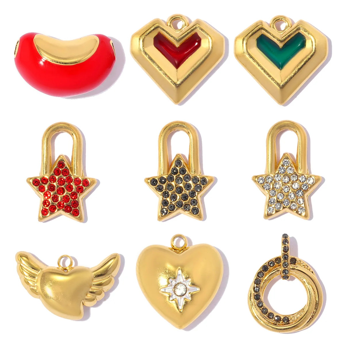 3 Stück/Set Edelstahl Strass Stern Schloss DIY Armband Charm Rote Bohnen Ring Halskette Anhänger Damen Flügel Herz Schmuck Großhandel