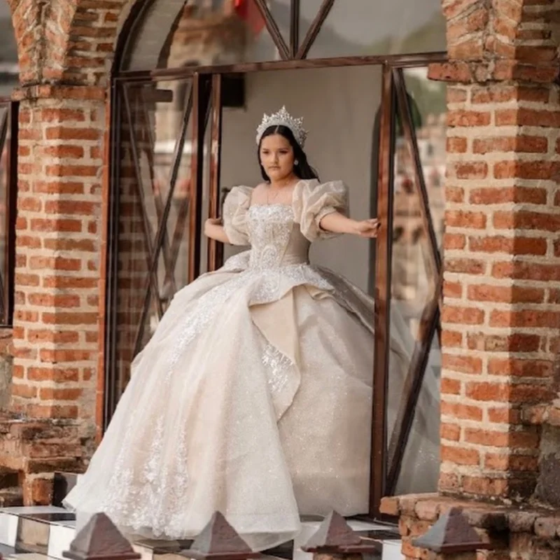 

Light Pink Quinceanera Dresses Off the Shoulder Glitter Crystal Ruffles Decal Long tail Bow Vestidoe 15 Quinceanera Customize