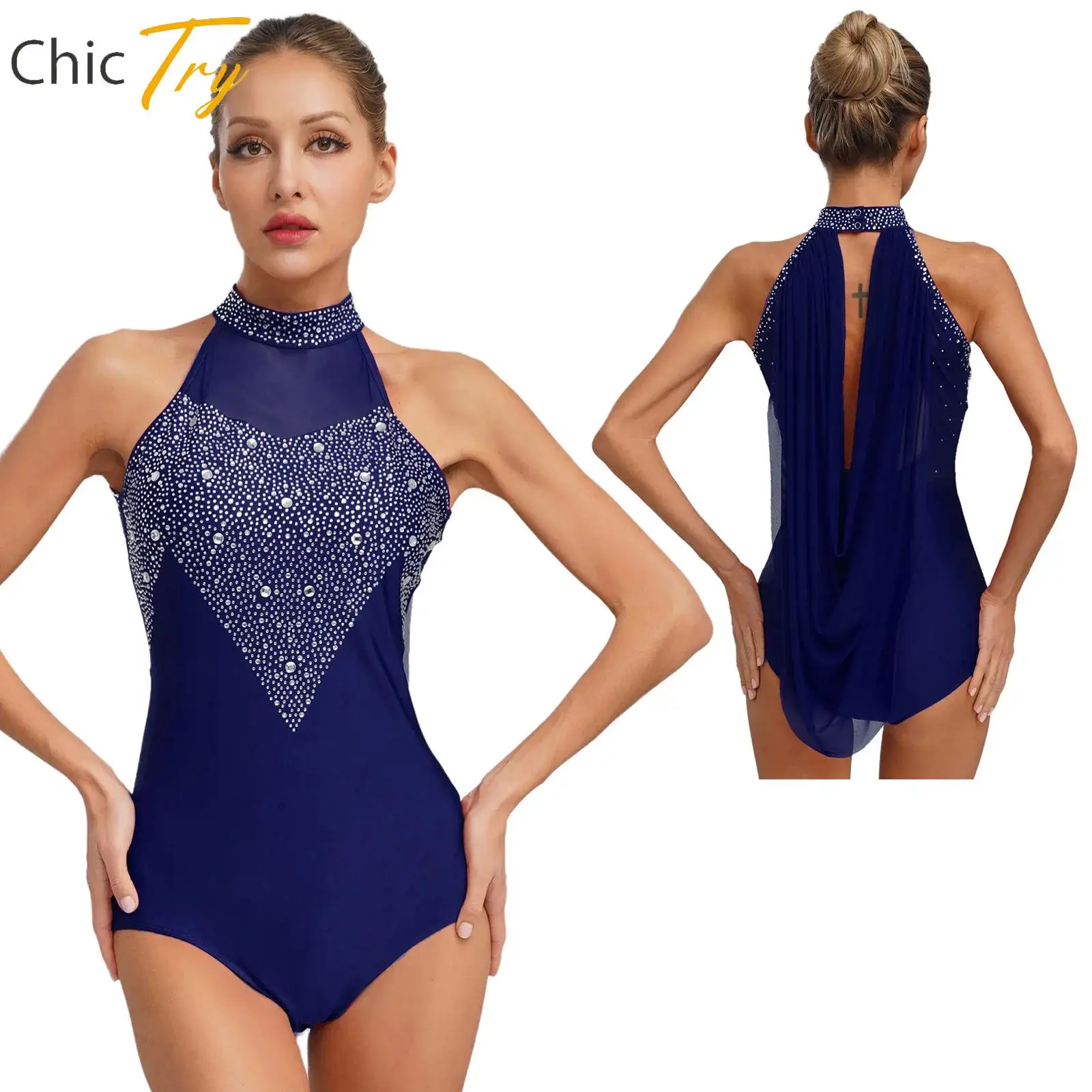 

2025 New Women Lyrical Dance Ballet Costume Sheer Mesh Ruched Drape Cutout Back Leotard Sleeveless Glittery Rhinestones Bodysuit