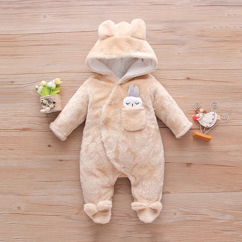 PatPat Winter Baby Clothes Baby Girls Baby Boys Unisex Solid Fleece Rabbit Hooded Footed / Footie Long-sleeve Baby Jumpsuit