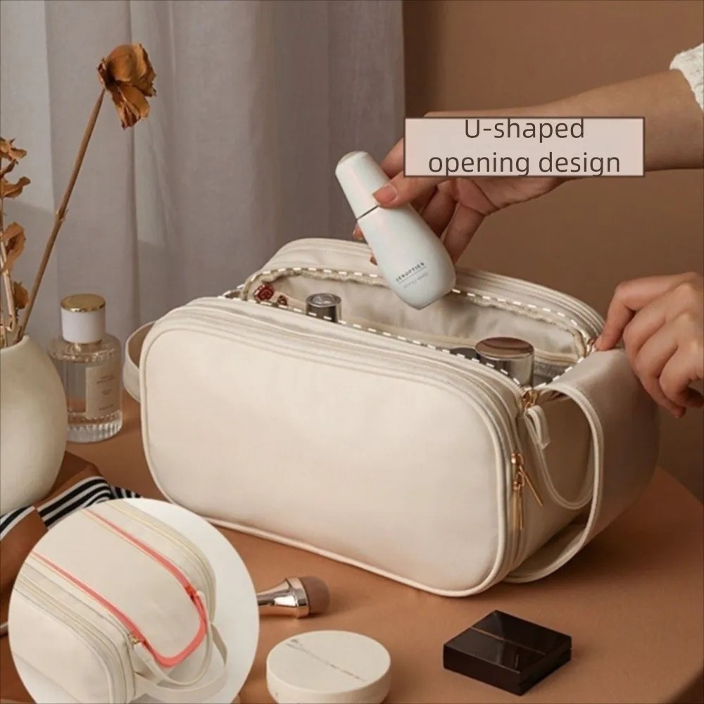 PU Leather Multifunctional Makeup Bag Large Capacity Waterproof Toiletries Storage Bag Multipocket Design Double Zipper