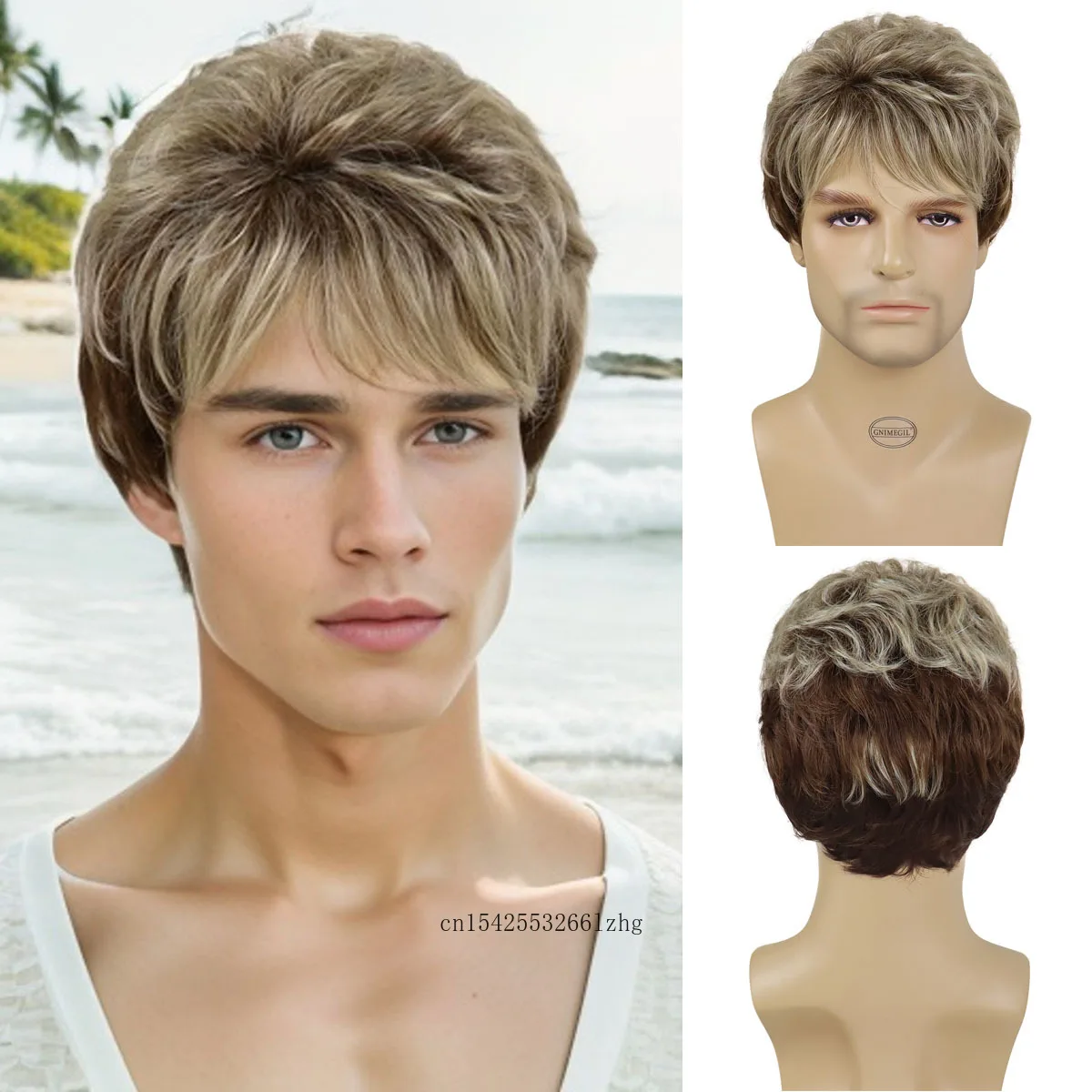 GNIMEGIL Synthetic Blonde Brown Wig Ombre Short Wigs for Men Natural Curly Hair Male Wig with Bangs Daily Cosplay Halloween