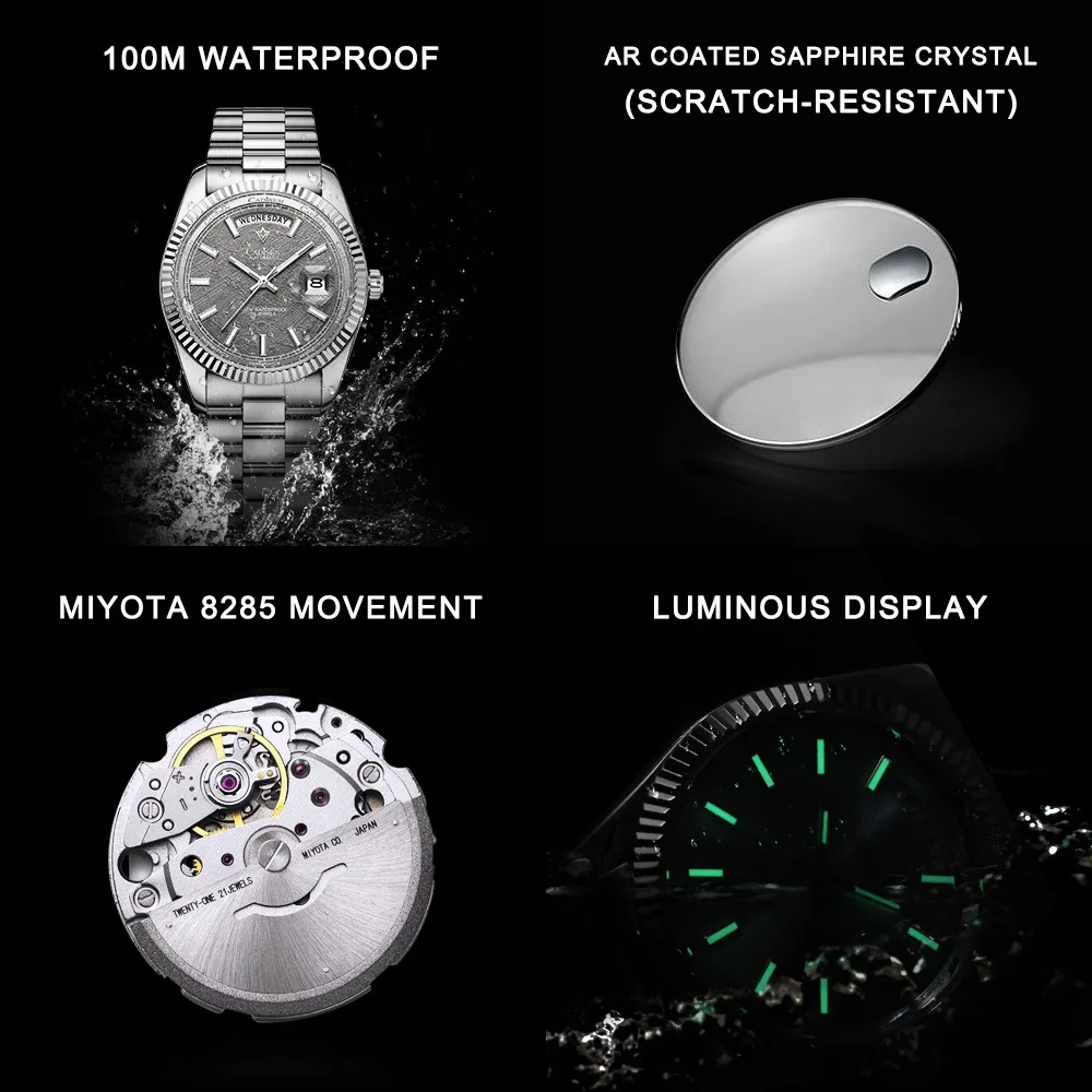 CADISEN Men\'s Mechanical Watches Luxury Meteorite Dial Automatic Watch For Men Week 100M Japan MIYOTA 8285 Movement Clock Man