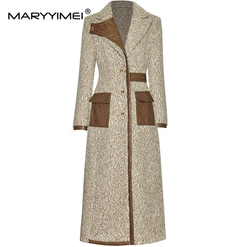 MARYYIMEI Autumn and Winter Women\'s Coat Notched Single-Breasted Color Block Patchwork pocket Long-Sleeved Overcoat