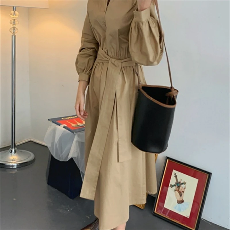 REALEFT Spring Autumn Stand Collar Women\'s Shirt Dresses Sashes 2024 New V-Neck Solid Korean Casual Straight Dress Female