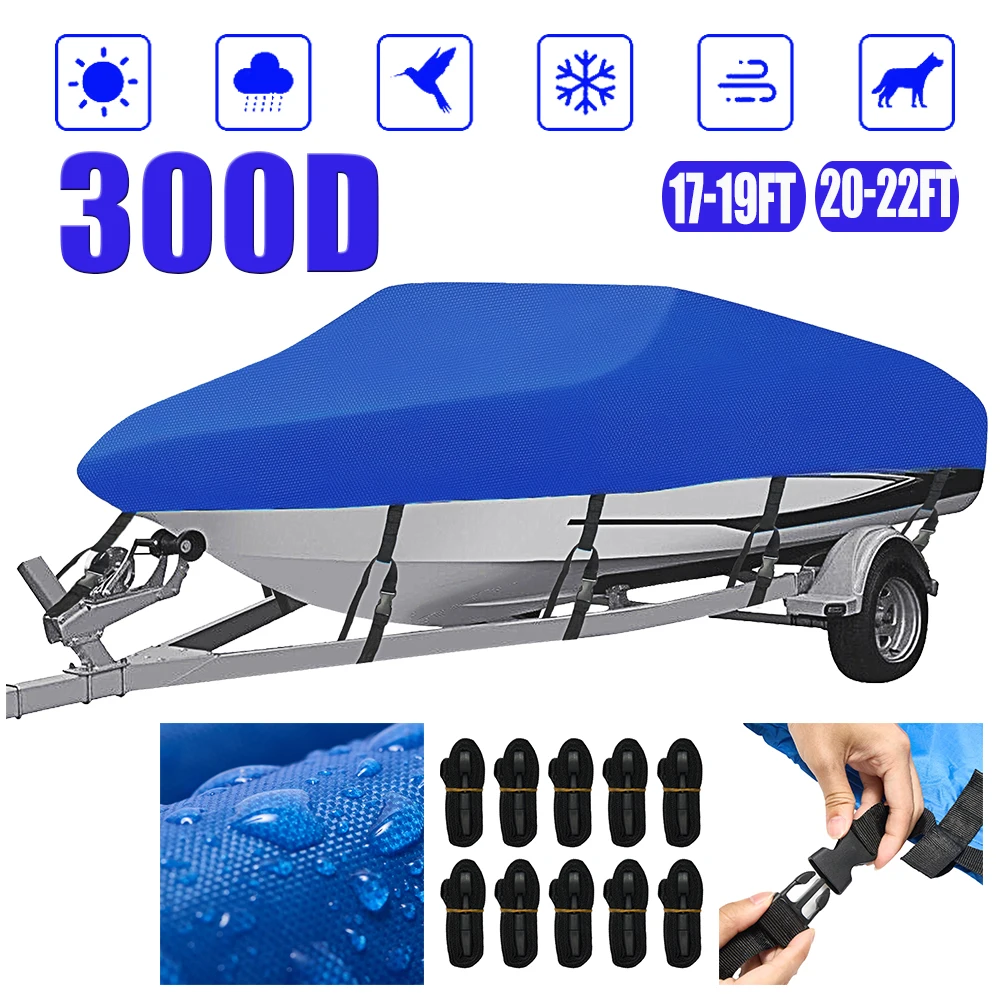 300D Heavy Duty Oxford Boat Cover Waterproof Dust SUN Rain Proof Trailerable Fishing Ski Bass Speedboat V-Shape Boat Cover 17ft