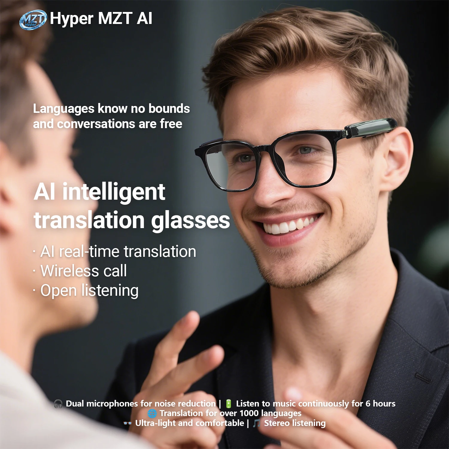 Kacamata Pintar Terjemahan AI Baru 2025 Bluetooth Panggilan Headphone Lensa Anti-Cahaya Biru Terhubung Bezel Kacamata Bisnis Luar Ruangan