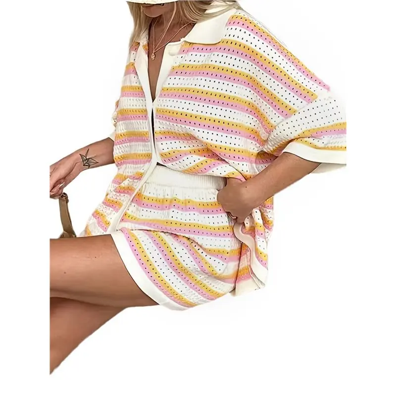 

CYL-Женский трикотажный комплект с цветными блоками, отложным воротником, полосатым топом с короткими рукавами и шортами