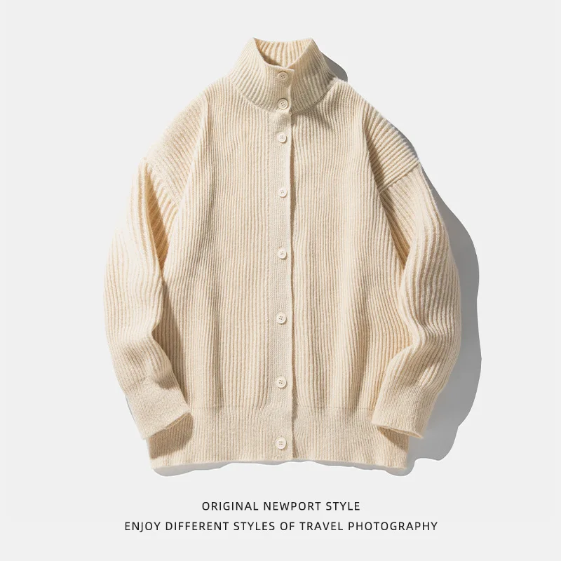 2025 خمر موضة جديدة للرجال بلون عادية عصرية الوقوف طوق واحدة الصدر فضفاضة محبوك البلوزات الذكور معاطف الملابس