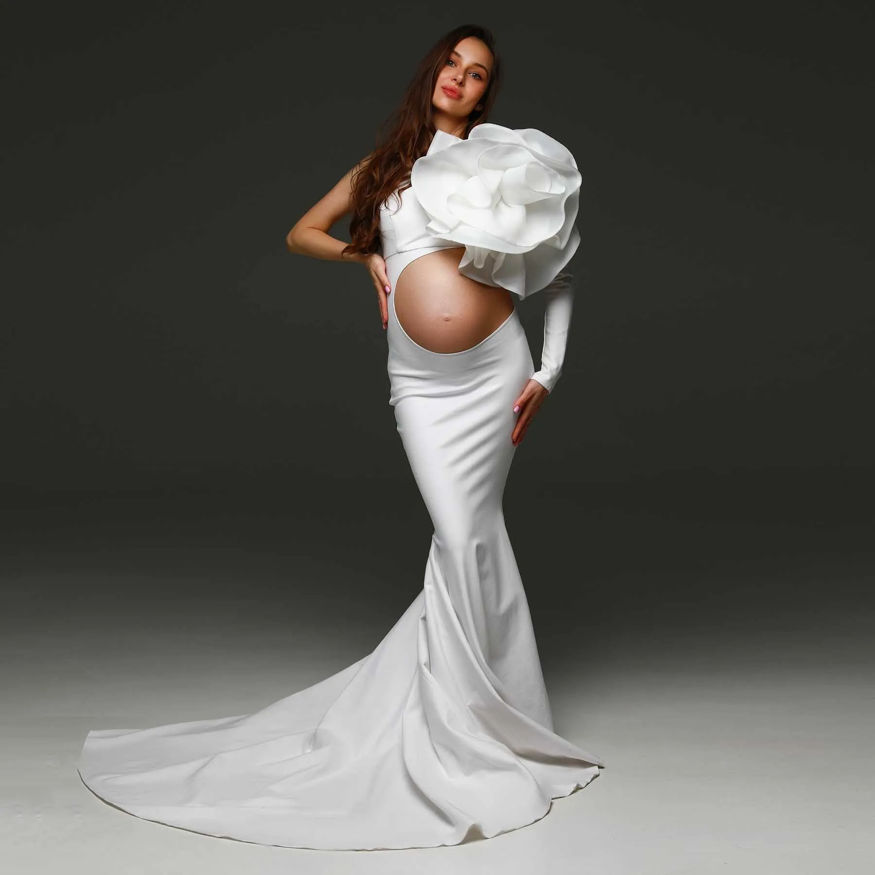 Vestido de maternidad elegante con un hombro y flores grandes, vestido elegante con recortes florales, vestidos para Baby Shower con rosas en 3D, hechos a medida