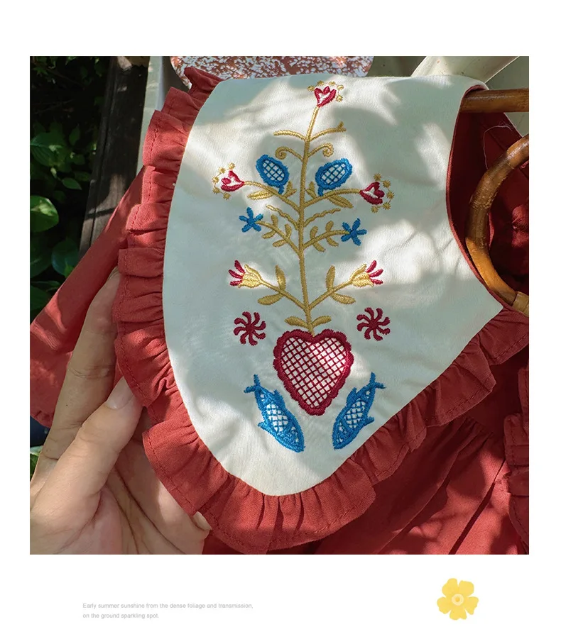 فستان بناتي مطرز بياقة الدمية فستان بناتي لخريف وربيع 2025 فستان عيد ميلاد كبير أحمر للأطفال بأكمام طويلة فستان الأميرة للفتيات #5