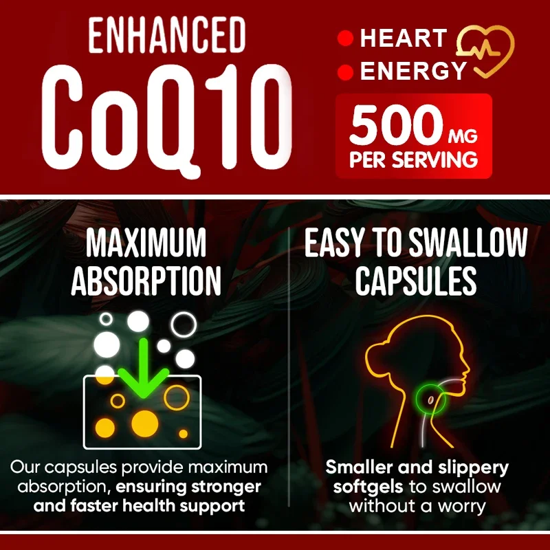 Coenzyme Q10 Capsules 500 mg, for Circulation Stress Health and Body Energy, High Absorption, Antioxidant