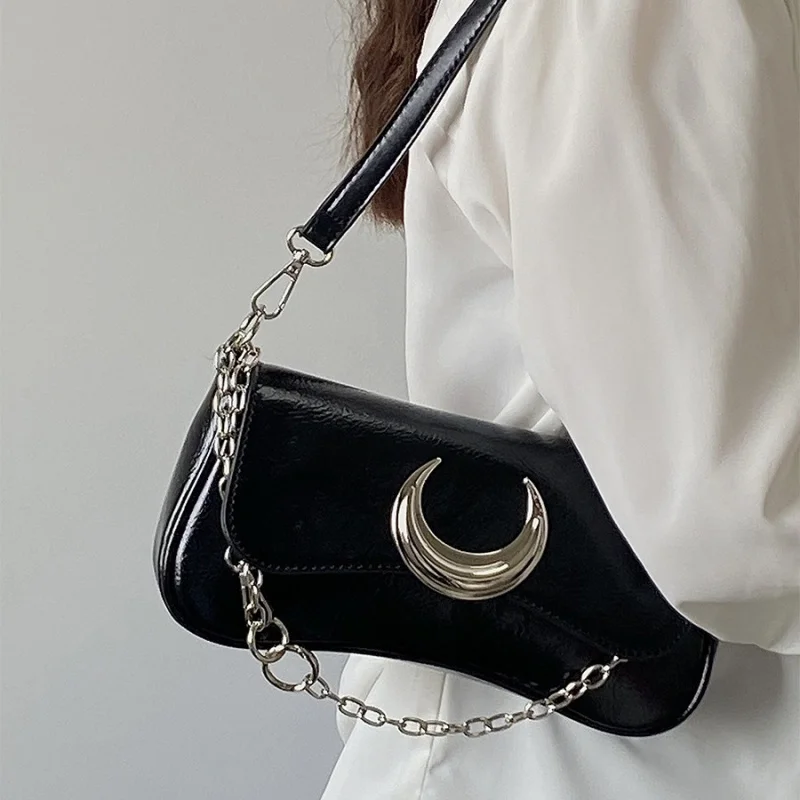

2026 Women's High-End Feel Moon Lock Shoulder Bag Black Underarm Crossbody Bag Fashionable Accessory for Ladies