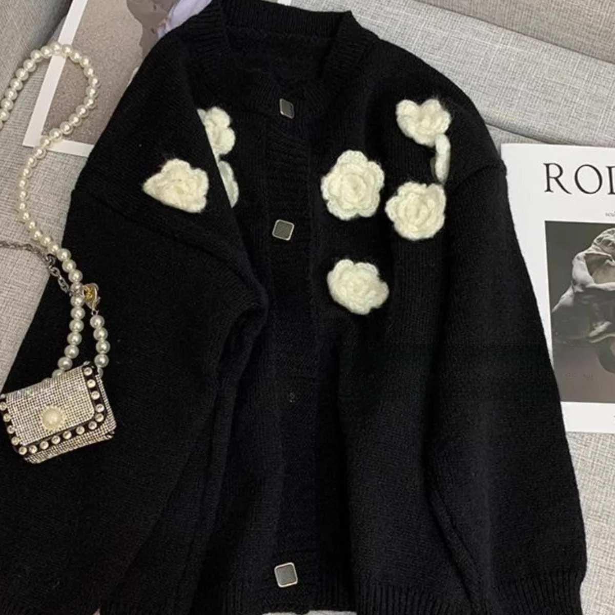 

Loose Men's Knitted Sweater Jaet Autumn Winter plus Size 300 Pou Casual Bla Korean Sle Lazy Faion Floral Pattern