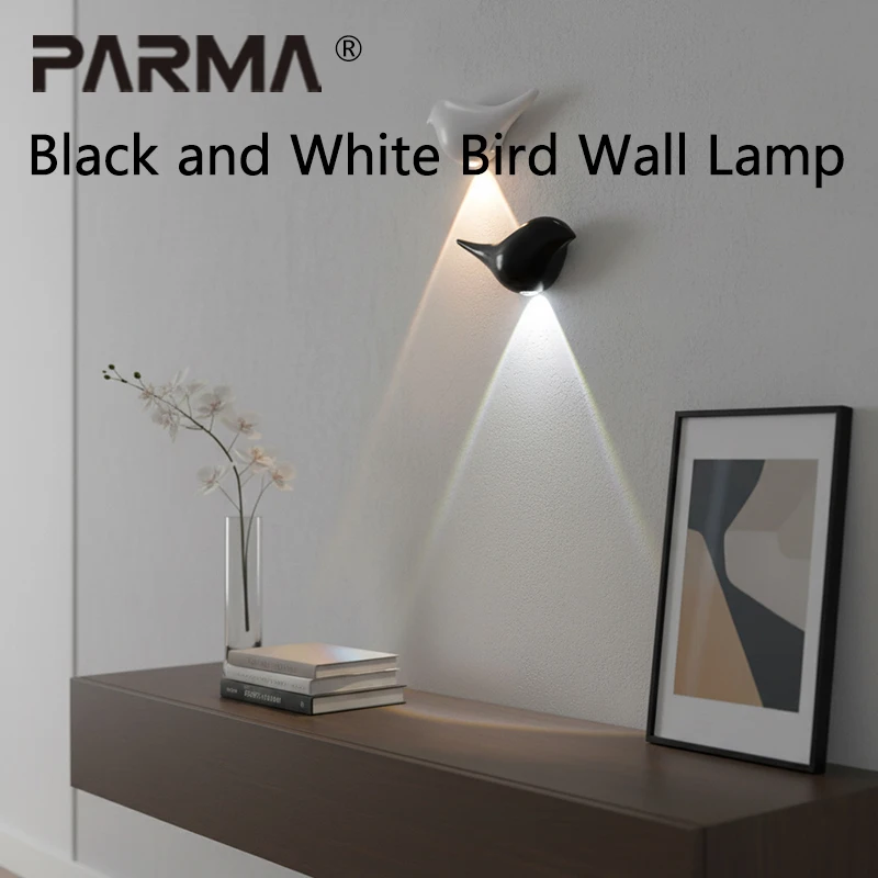 Modern home decoration black and white bird-shaped wall lamp small night light with human body sensor and magnetic base