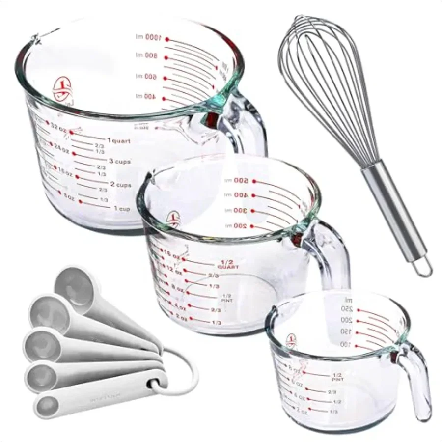 

Set of 3 Glass Measuring Cups with Measuring Spoons Whisk Kitchen Mixing Bowl Liquid Measure Cup Glass Bakeware. 1 cup 2 cup 4