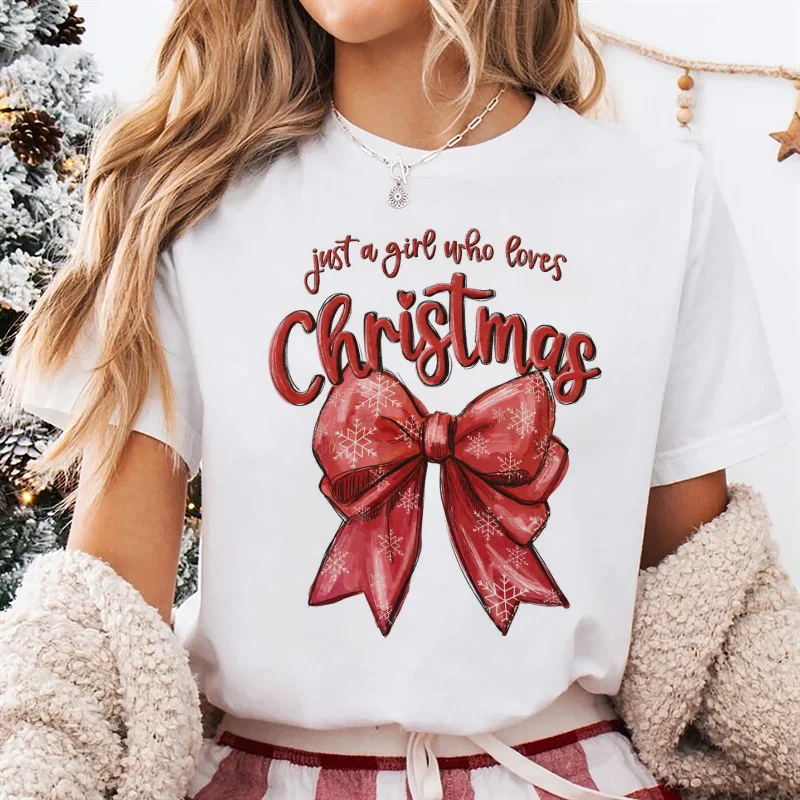 

Рождественская футболка с бантом, стильная новогодняя футболка с короткими рукавами, милая женская модная футболка с принтом 90-х годов, женский топ с круглым вырезом