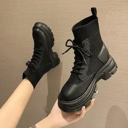 Buty damskie Flying Weaving 2024 Autumn Winter New Round Toe Lace-up High Heel Comfort Short Boots Flat Heel Fashion Ankle Boots