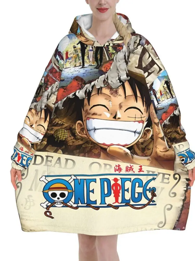 Oversized One Piece Anime Manga Luffy Wearable Deken Cadeaus voor Vrouwen Mannen Ultrasoft Pluche Warm Sweatshirt Dekens Met Zak - afbeelding 2