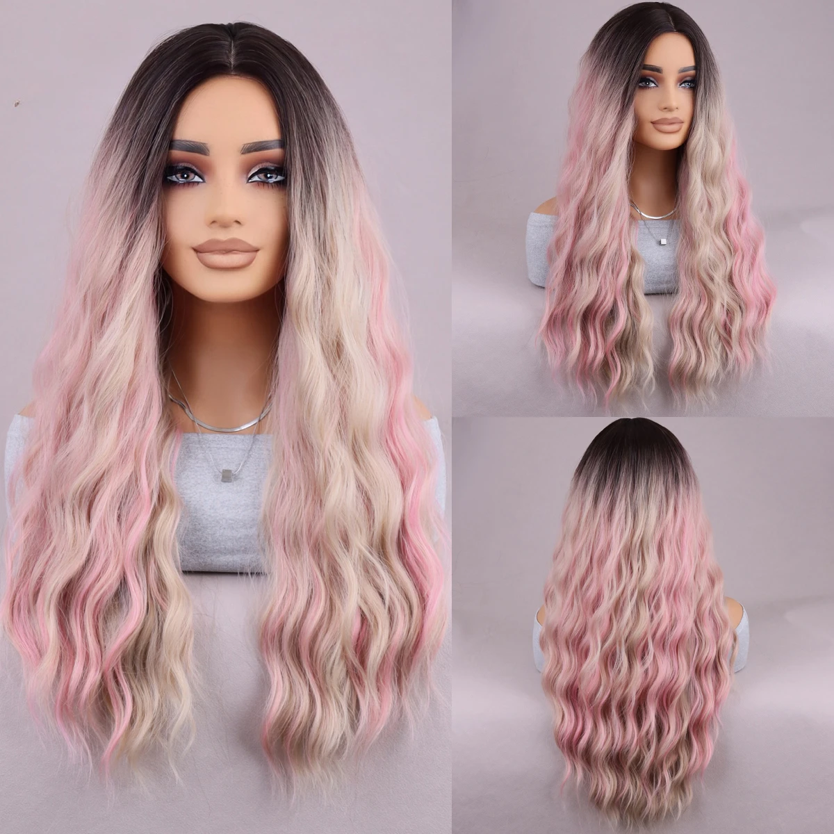 

Pink highlights center part bangs women long curly hair wave synthetic daily party Wigs