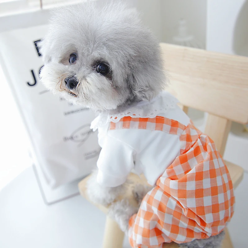 Lace Collar Dog Jumpsuit Pajamas White Shirt With Plaid Pants Summer Spring Indoor Overall XS XL Orange Green Pet Apparel Supply