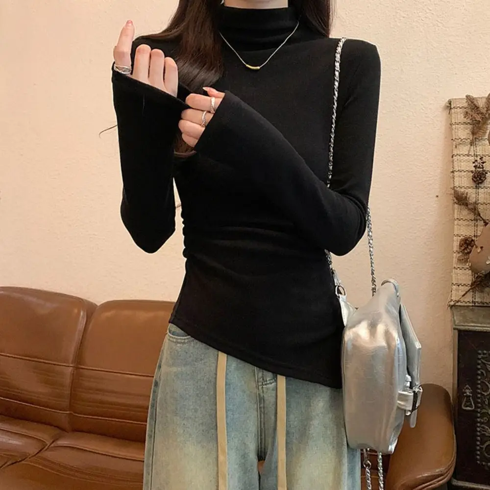 

Comfortable Irregular Long Sleeve T-shirt Chic Simple Slim Thin Pullover Undershirt Half High Collar Crop Top Women Y2k Female