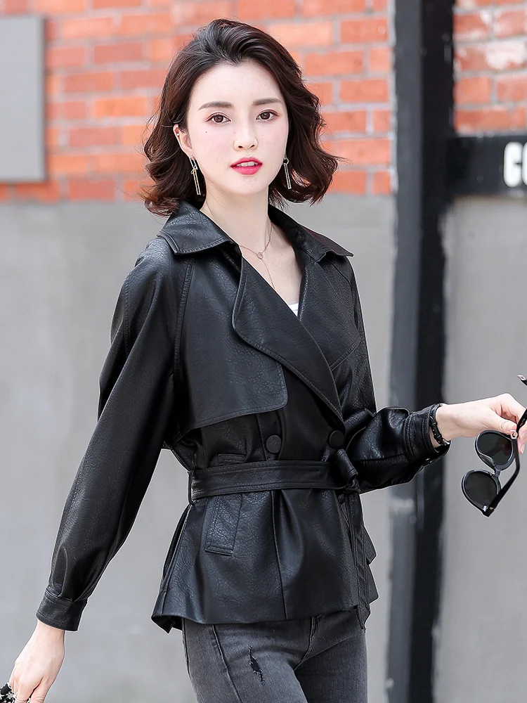 Haining Genuine Leather Jaet Women's Faionable Spring Autumn ort eepskin Coat Belted Slim Fit Single Button Closure