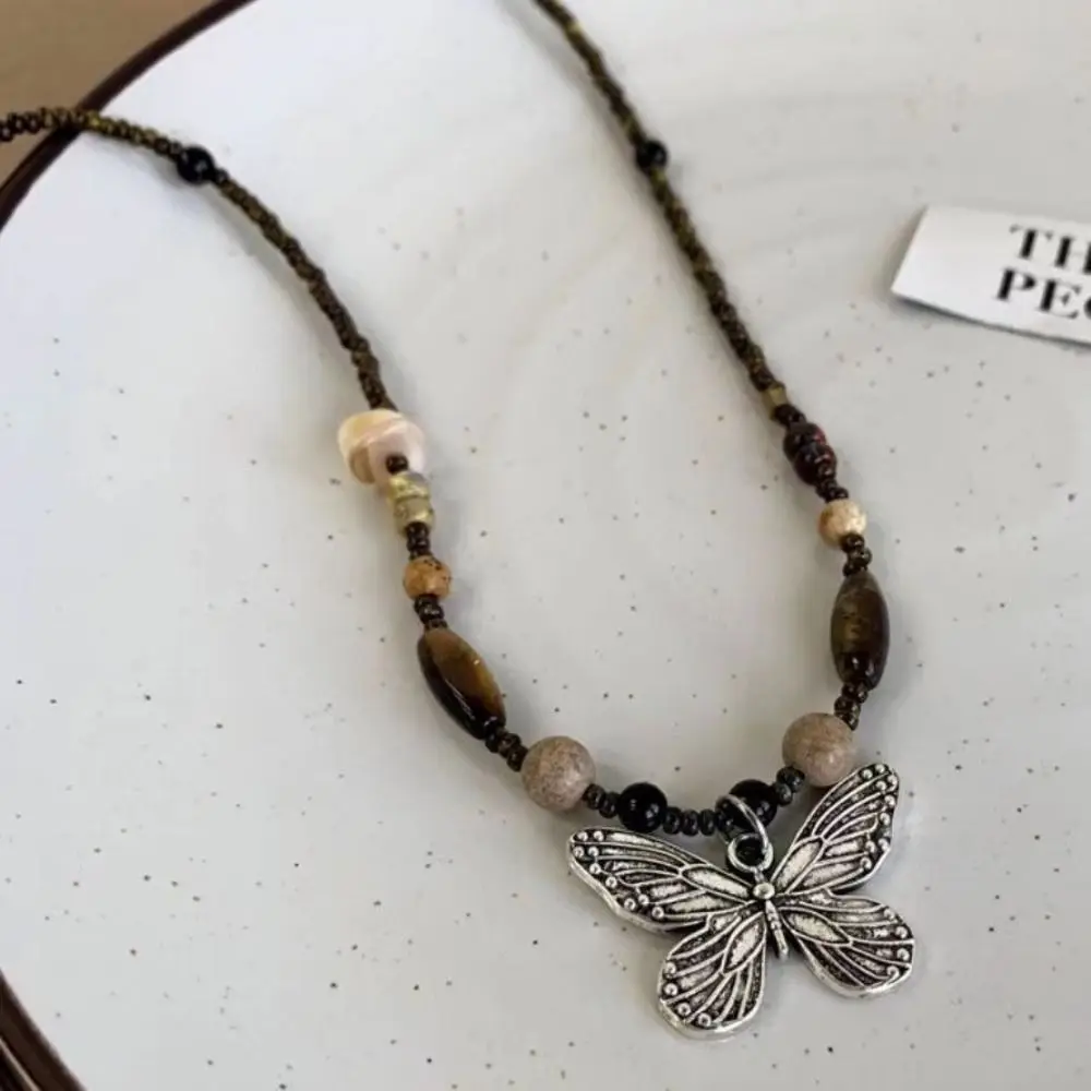 Cuerda negra Vintage, nuevo collar chino, joyería hecha a mano, cadena de cuentas de piedra, Metal de cristal de madera para Punk/Collier/Hippie/Unisex