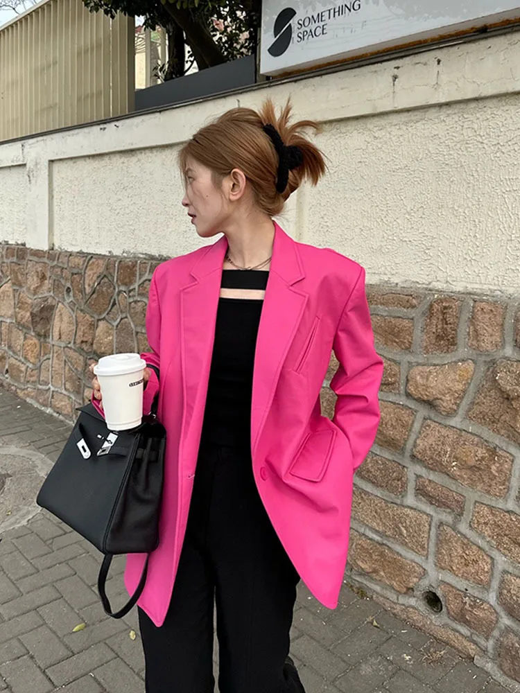 Chaqueta de cuero PU rosa para mujer, abrigo de manga larga con solapa, moda, primavera y otoño, 2023