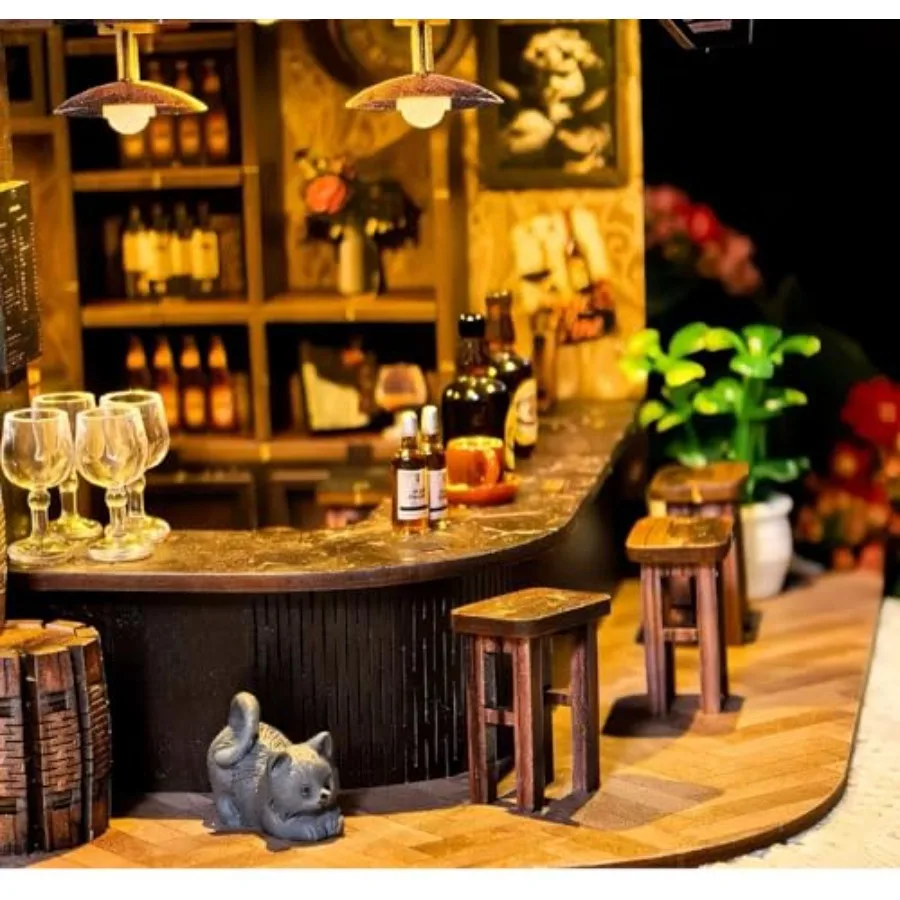 Book Nook Kit, 3D Wooden Miniature Tavern and Pub Dollhouse with LED Lights - DIY Mini House Craft Model for Adults, Birthday V view 3