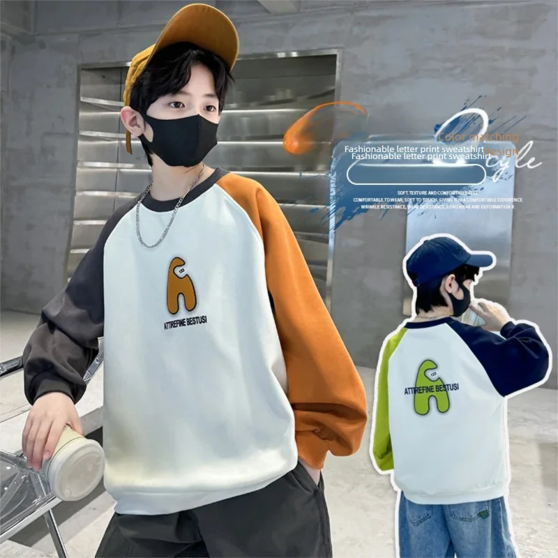 

2026 New Spring Children's Clothing for Boys Stylish Patchwork Cotton Sweatshirt with Letters School Kids Casual Hoodie Coat