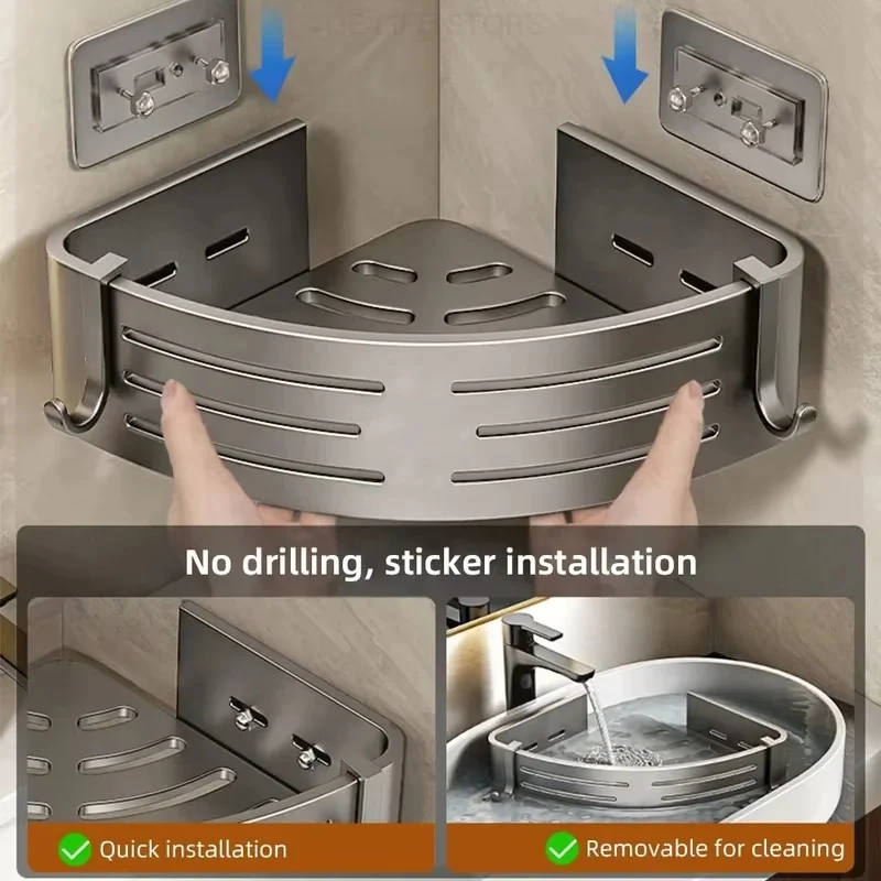 Bathroom Aluminum Corner Shelf with Towel Bar and Hook Set, Drill-Free Mounting, 1 to 3 Units - view 6