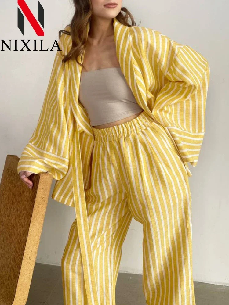 New in Spring Summer Striped Long Sleeved Loose Tie Up Sets for Women 2 Pieces Fashion Leisure Pant Sets Elegant Women\'s Suits