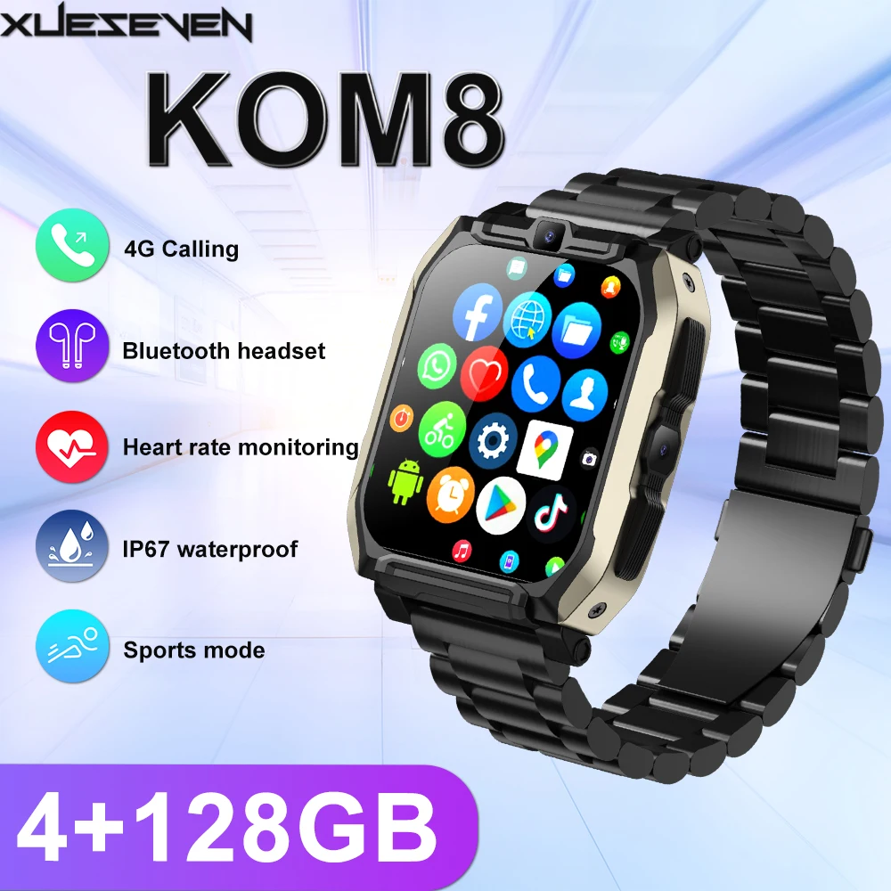 

XUESEVEN KOM8 4GB+128GB Smartwatch SIM Card HD Dual Camera WIFI Android 8.1 GPS Health Sport Google Store IP67 Men's Smart Watch