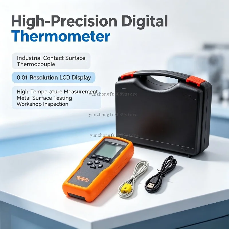 High-Precision Digital Temperature Tester, Industrial Contact Surface Thermocouple with 0.01 Resolution and LCD Display