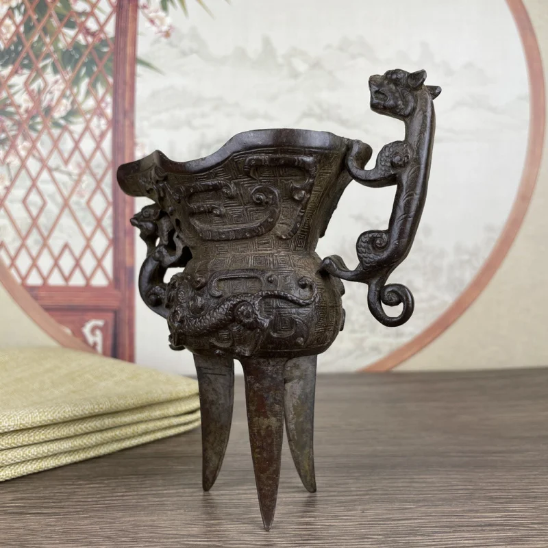 Antique-style Tang Dynasty Dragon Cup Ornament Antique Collectible Old Patina Tripod Goblet Gift Decoration