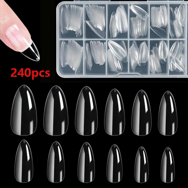 240 patchs pour faux ongles en forme d'amande, texture mate transparente, matériau souple, peut étendre la longueur des ongles, disponibles en 12 tailles, adaptés au soin des ongles ou au salon de manucure à domicile.