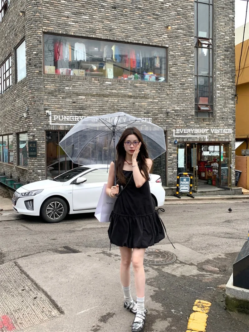 Black Drawstring Flower Bud Skirt Dress Women's Summer Anti-Aging Waist Cinching Slimming Short Dress Spicy Girl Style