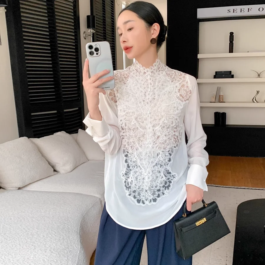 

Sexy Ladies Transparent Top XL High Quality 2025 Autumn Silk Shirt Fashion Women's Embroidered White Blouse
