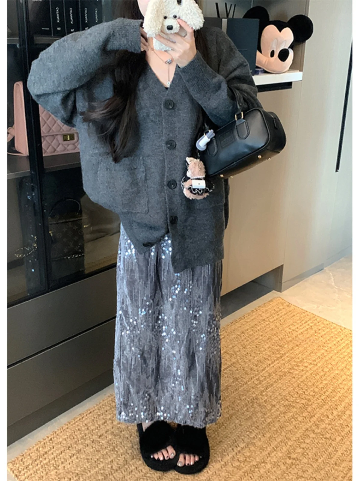 

plus Size Knitted Set with Shiny Sequins And Lazy Style Autumn New Arrival High Waist A-Line Skirt And Open Cardigan Coat
