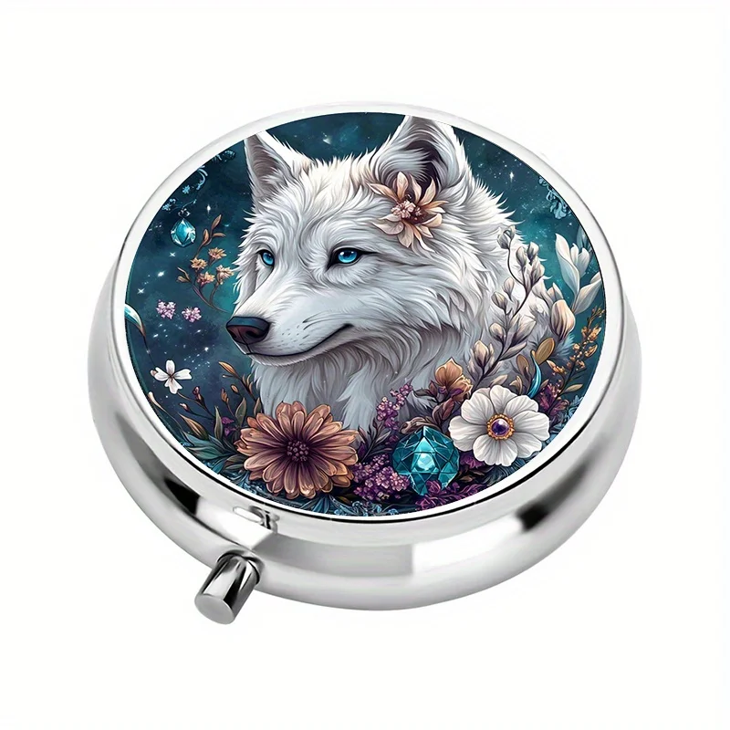 1-piece pill box with 3 compartments, magic wolf-themed mini pill box, portable for travel or as a wallet pill box, decorative vitamin storage box, suitable for travel or wallet