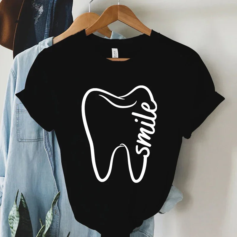 Women's Harajuku Style Cartoon Teeth and Smile Print Short-sleeved Casual Basic T-shirt, Fashionable Women's Shirt.Personality