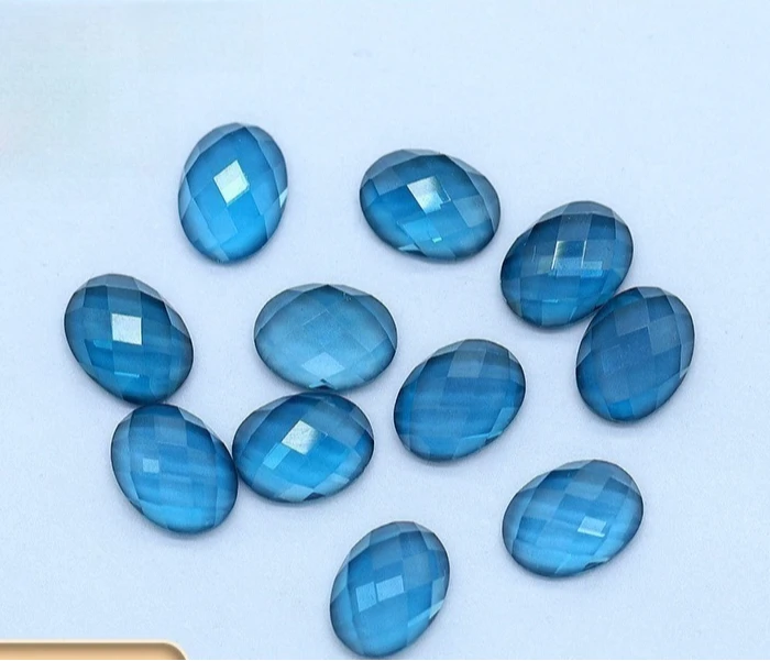 Natural Topaz Ring Face London Blue Crystal Egg-Shaped Flat Bottom Lattice Face Jewelry Inlaid with Stone