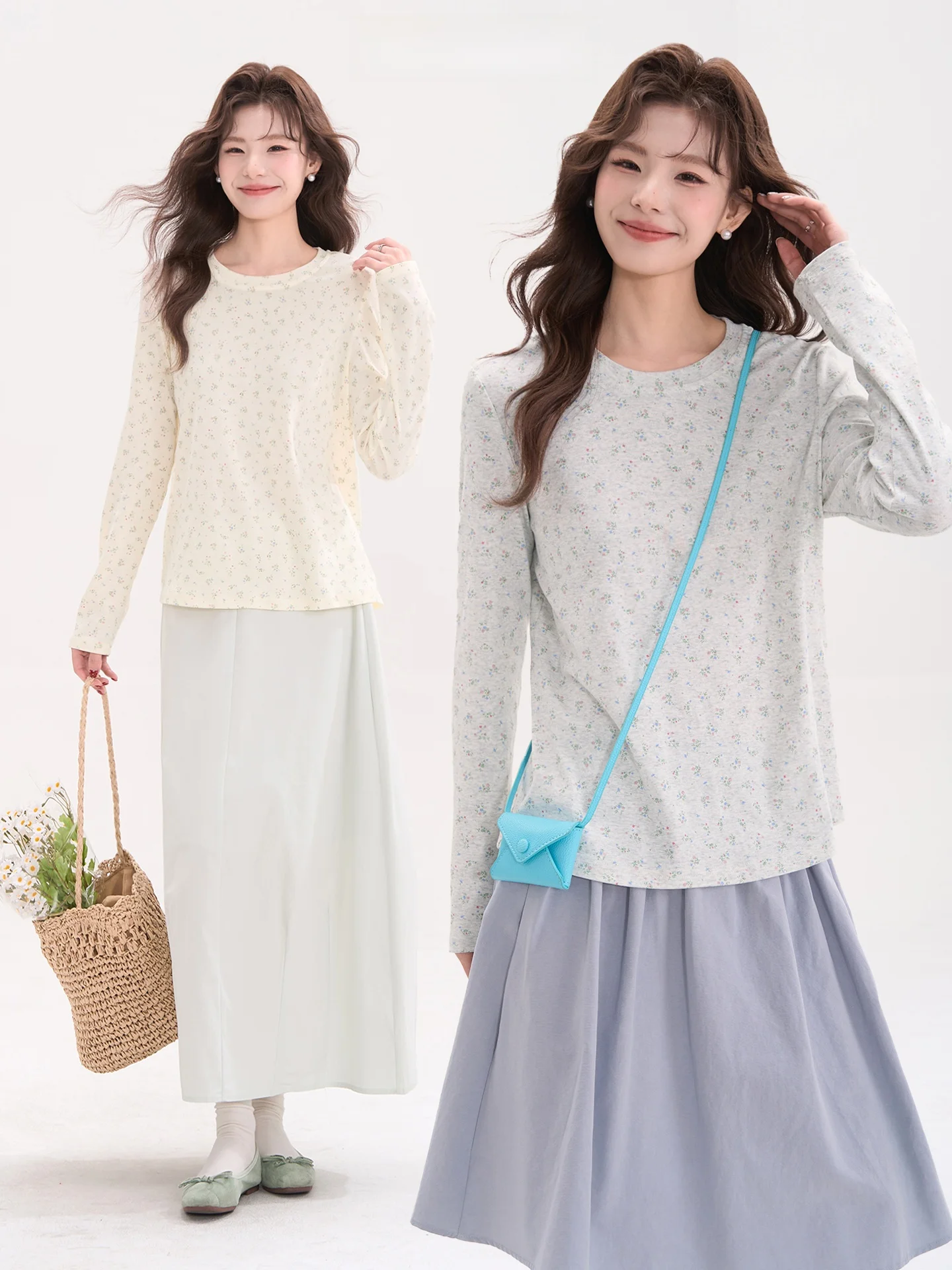 

Корейская женская футболка с длинным рукавом и цветочным принтом, круглый вырез, базовая модель, весенний сезон, дышащий хлопок, комфортная посадка, топ