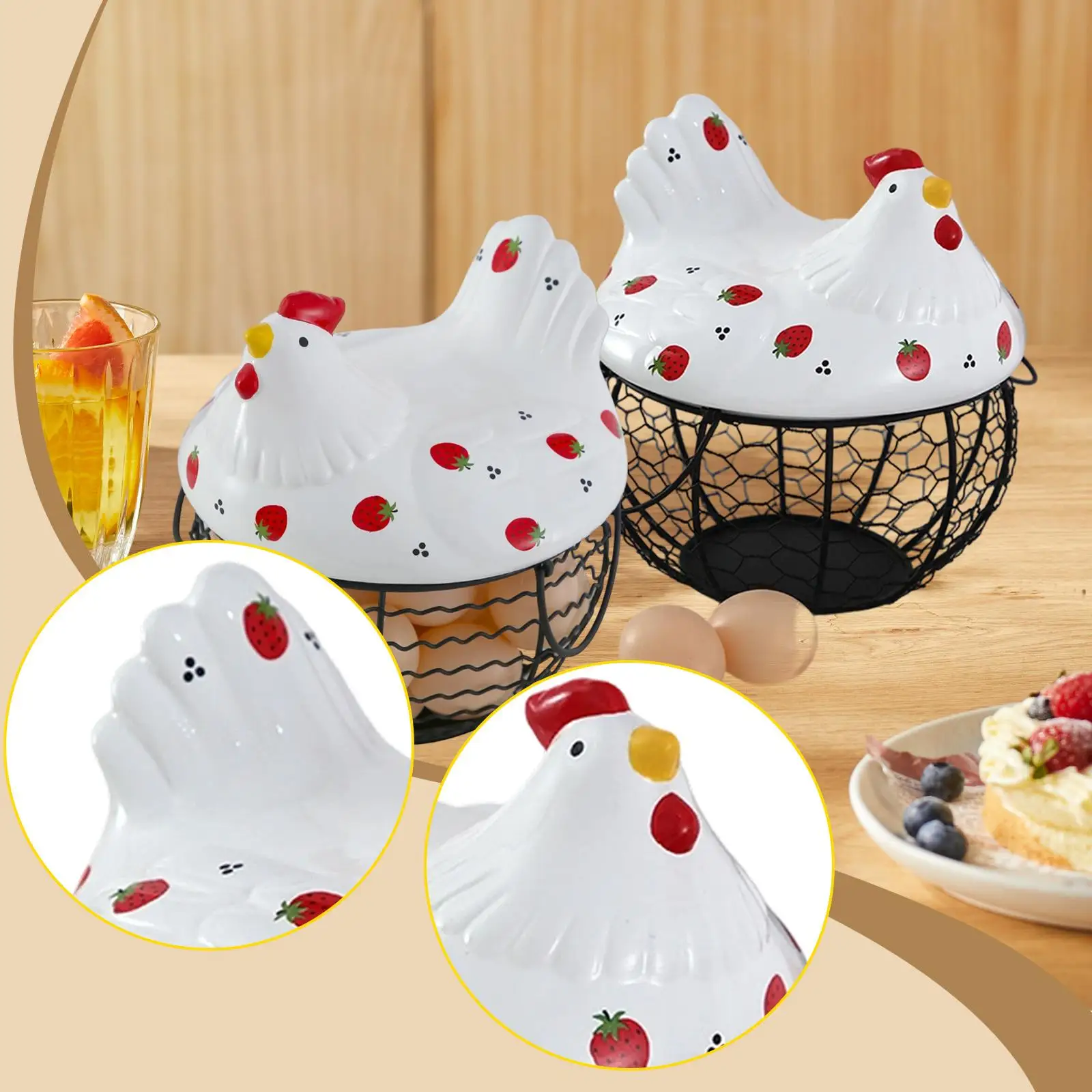 Farmhouse Metal Wire Egg Basket for Indoor Kitchen Storage Chicken Holder Organizer with Lid