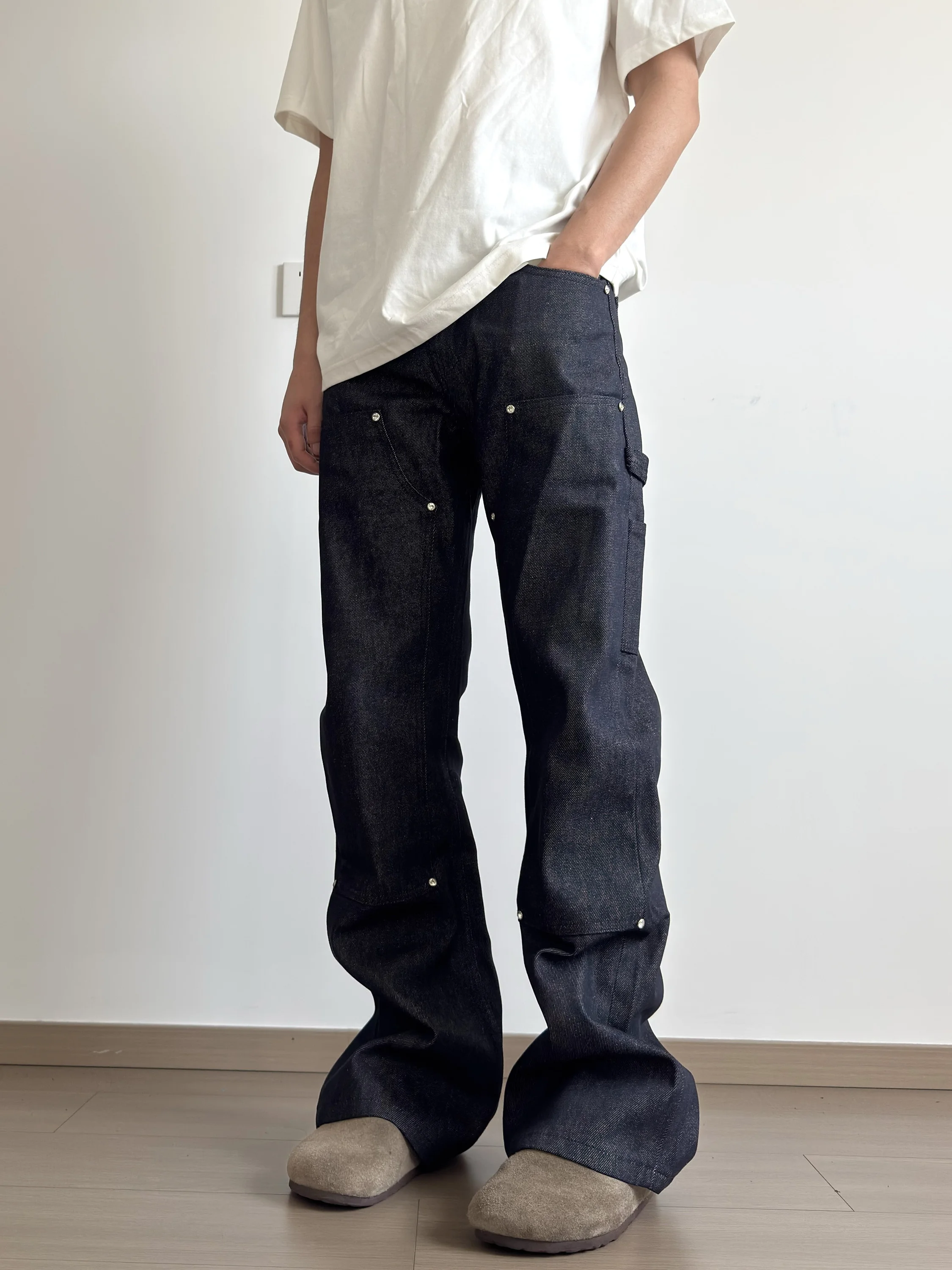 Calças Jeans Slim Fit de Perna Larga para Homens e Mulheres, Design Estiloso e Único, Calças X13 Ounce em Denim Azul Original
