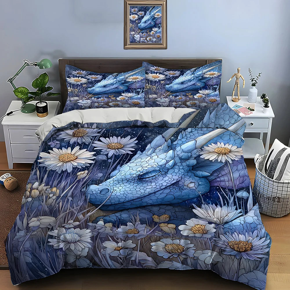 3pcs Blue dragon sleeping in flowers Pattern Duvet Cover Set Digital Print Colorful Polyester Bedding with Zipper Closur